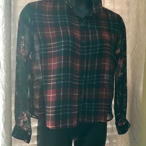 Sans Souci Sheer Plaid Top Floral Sleeves Sz Large - Picture 2 of 7